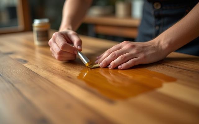 Hånd som polerer en treflate med naturlig olje